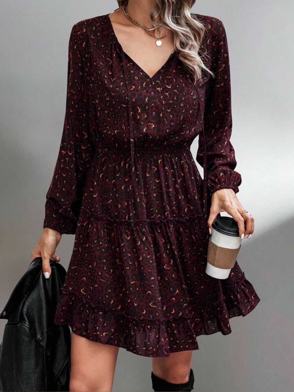 SHEIN Women’s Long-Sleeve Burgundy Leopard Print Dress size Small
